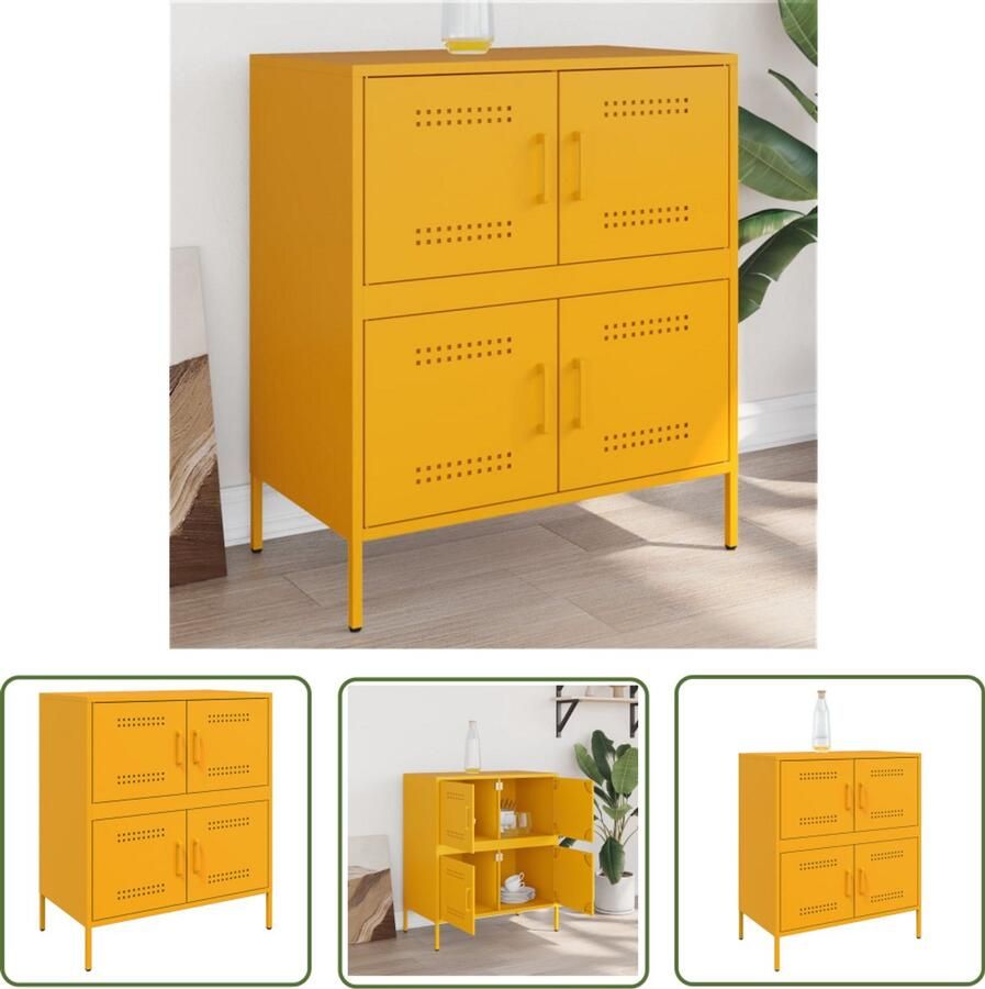 The Living Store Dressoir 68x39x79 cm staal mosterdgeel Dressoir Industrieel Dressoir Robuust Dressoir Metalen Dressoir Opbergkast