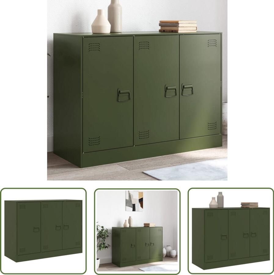 The Living Store Dressoir 99x39x73 cm staal olijfgroen TV-meubels Tv-standaard Dressoirs Opbergkasten Industrieel Design