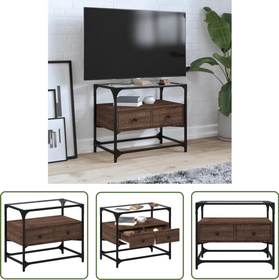 The Living Store Tv-meubel met glazen blad 60x35x51 cm hout bruin eikenkleurig Tv Kast Industrieel Meubel Houten Tv Stand Salontafel Mediabox