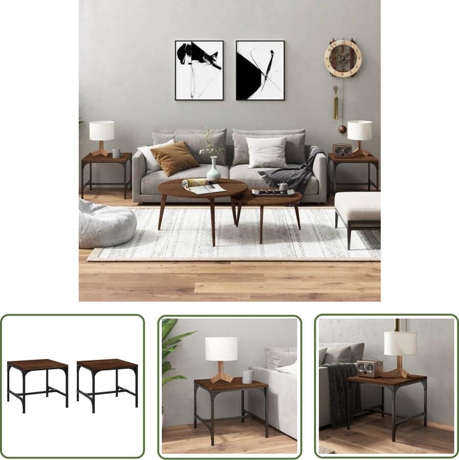 The Living Store Bijzettafel Industrieel Set van 2 40x40x35 cm Bruineiken Bijzettafel Industrieel Meubilair Houten Bijzet Tafels Bruin Meubilair Salontafel - Foto 2