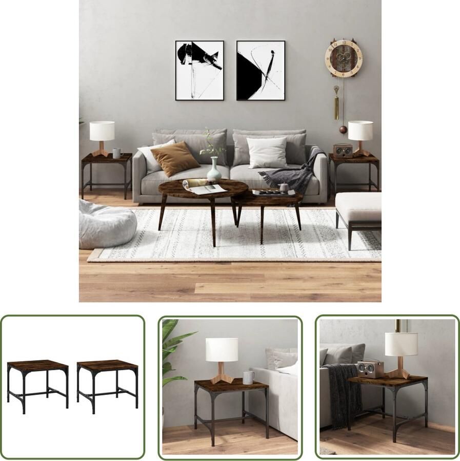 The Living Store Bijzettafels Industrieel Set van 2 40x40x35 cm Gerookt eiken Bijzettafels Industrieel Meubilair Houten Bijzettafels Bruine Bijzettafels Kleine Bijzettafels - Foto 2