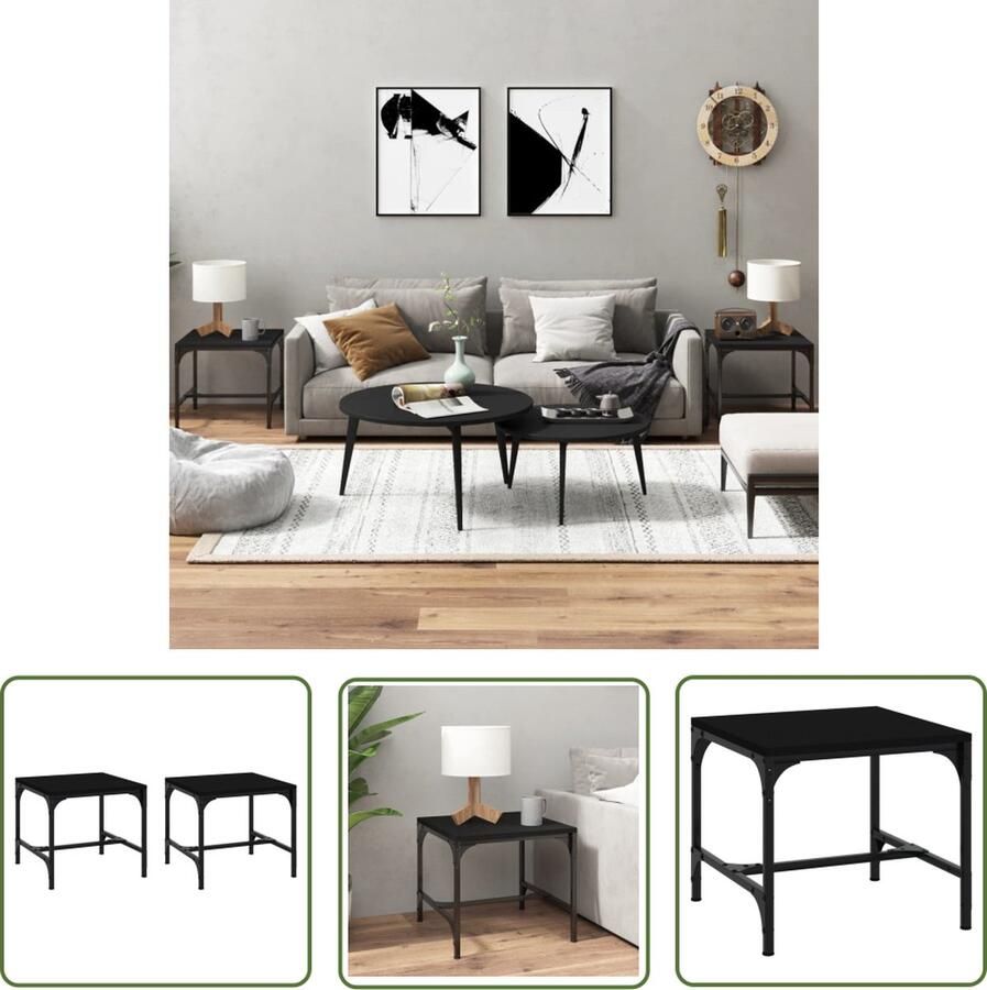 The Living Store Bijzettafel IndustriÃle Stijl Set van 2 40 x 40 x 35 cm Zwart Bijzettafels Industrieel Meubilair Zwarte Meubelen Houten Meubelen Metalen Meubelen - Foto 2