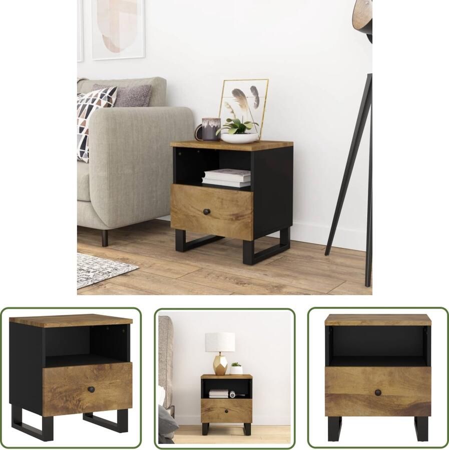 The Living Store Nachtkastje Industrieel 40 x 31 x 46 cm Massief mangohout Nachtkastje Industrieel Meubilair Mango Wood Furniture Houten Nachttafel Slaapkamerdecoratie - Foto 3