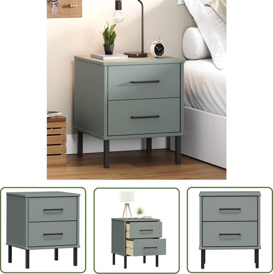 The Living Store OSLO Nachtkastje Grijs Massief grenenhout 40 x 35 x 48.5 cm Met 2 lades Nachtkastje Industrieel Meubilair Houten Nachtkastje Grenoble Hout Slaapkamersfeer - Foto 2
