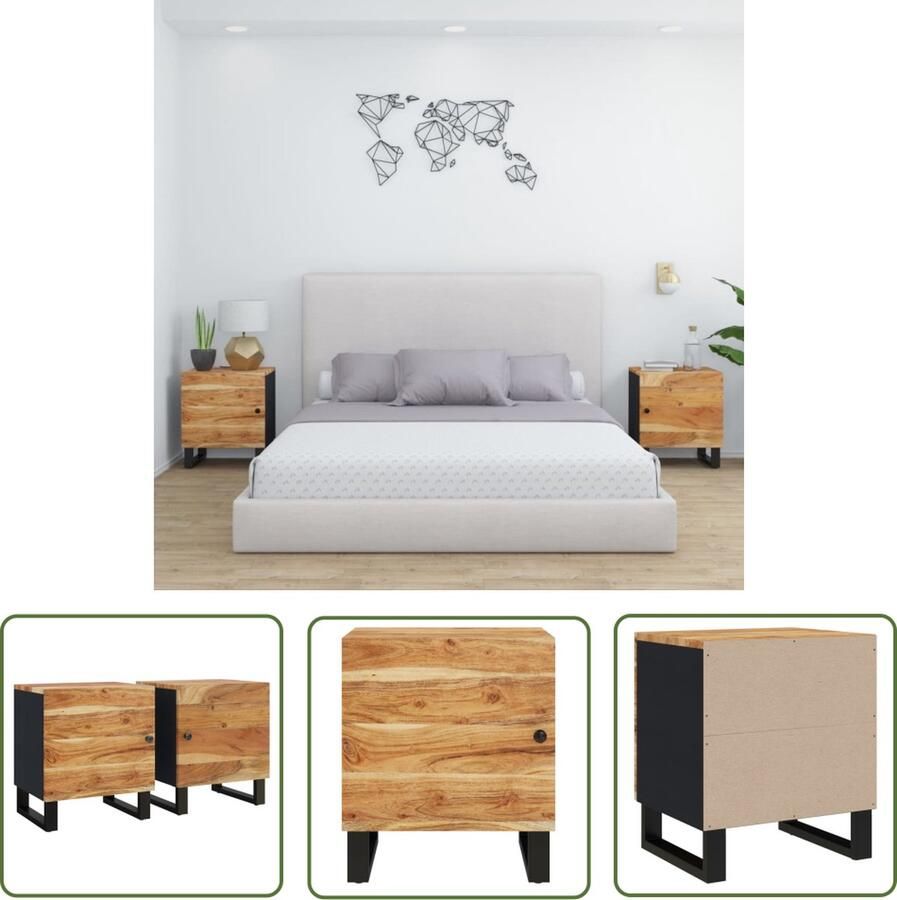 The Living Store Nachtkastjes IndustriÃle Houten 40 x 33 x 46 cm Massief acacia Zwart frame Nachtkastjes Industrieel Meubilair Houten Nachtkastjes Acaciahout Black Furniture - Foto 2
