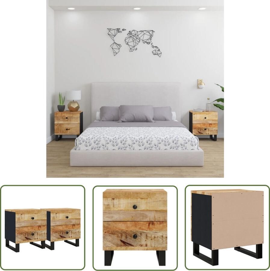 The Living Store Nachtkastjes Massief mangohout 40x33x46 cm IndustriÃle uitstraling Nachtkastjes Industrieel Meubilair Mango Wood Furniture Salontafel Kamermeubilair - Foto 2