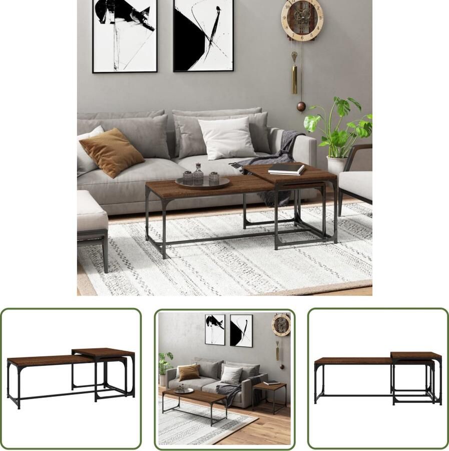 The Living Store Salontafel Industrieel Bewerkt hout en staal 100 x 40 x 35 cm 50 x 40 x 40 cm Bruineiken Salontafel Industrieel Meubilair Houten Salontafel Metalen Salontafel Bijzettafel - Foto 2