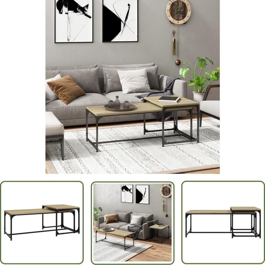 The Living Store Salontafel IndustriÃle Bijzettafel 100x40x35 cm en 50x40x40 cm Sonoma Eiken Salontafel Industrieel Meubilair Houten Salontafel Bijzettafel Bruine Salontafel - Foto 2
