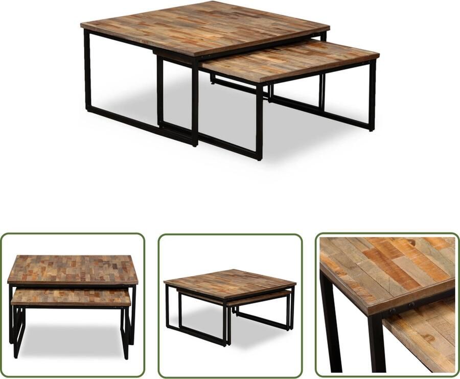 The Living Store Salontafelset Industrieel Gerecycled Teakhout Staal 75x75x39cm 65x65x33cm Uniek Salontafel Industrieel Meubilair Teak Tafel Vintage Tafel Bijzettafel - Foto 2