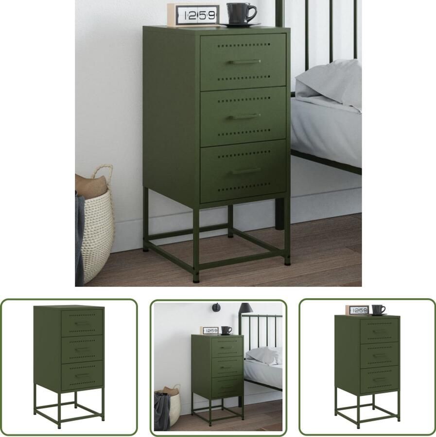 The Living Store Nachtkastje 36x39x78 cm staal olijfgroen Nachtkastje Industriele Meubels Metalen Kast Olijfgroene Kamerdecoratie Slaapkamerstijl - Foto 2
