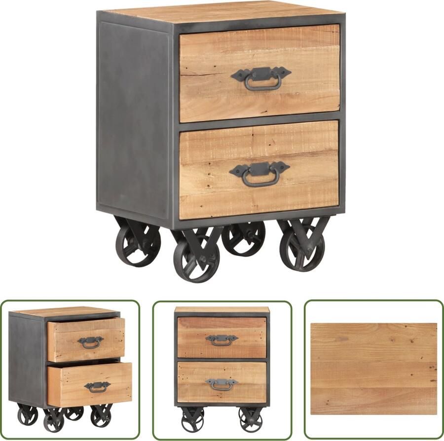 The Living Store Houten Nachtkastje IndustriÃle Stijl 40 x 30 x 51 cm Gerecycled Hout Stalen Frame 2 Lades Zwart Wieltjes Nachtkastje Industrieel Houten Nachtkastje Vintage Nachtkastje Herbruikbaar Hout - Foto 2