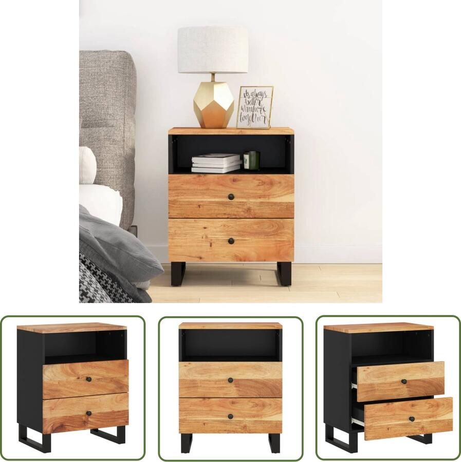 The Living Store Nachtkastje Massief Acaciahout IndustriÃle Stijl 50 x 33 x 62 cm Nachtkastje Industrieel Acacia Houten Slaapkamer Opbergkast - Foto 2