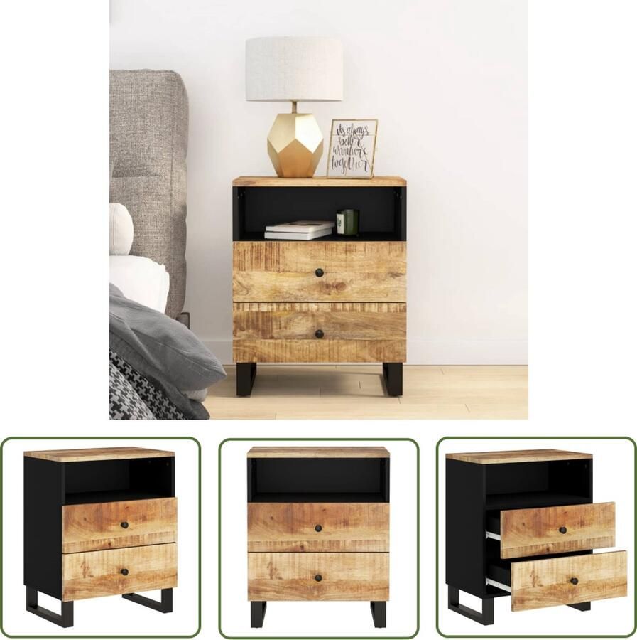 The Living Store Nachtkastje IndustriÃle stijl 50x33x62 cm Massief mangohout met metalen poten Nachtkastje Industrieel Mangohout Houten Lade Bijzettafel - Foto 2