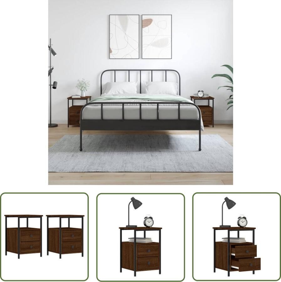 The Living Store Nachtkastje Bruineiken 34 x 35.5 x 50 cm IndustriÃle uitstraling Nachtkastje Industrieel Bruin Houten Kast Slaapkamermeubel - Foto 2