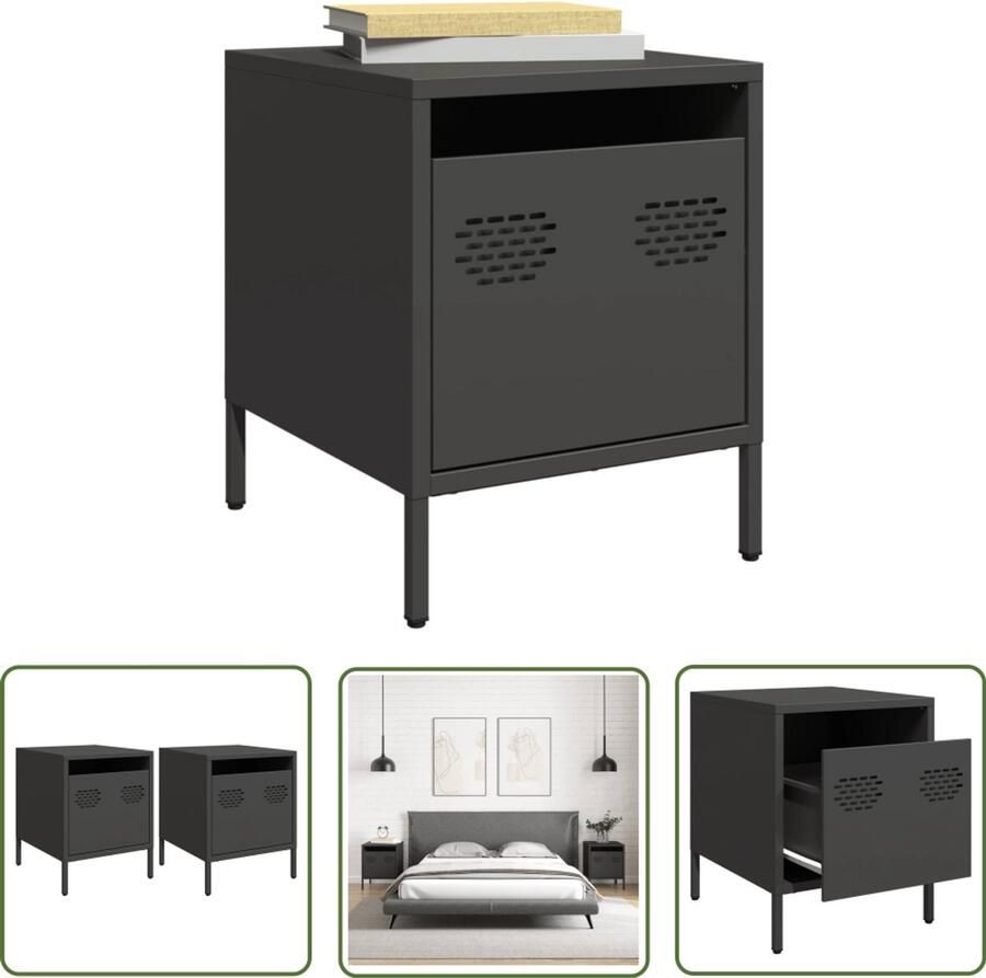 The Living Store Nachtkastjes 2 st 35x39x43 5 cm staal zwart Nachtkastje Industrieel Staal Zwart Opbergkast
