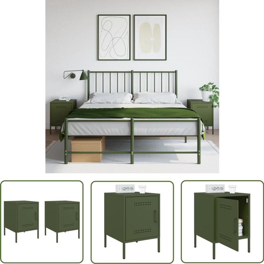 The Living Store Nachtkastjes 2 st 36x39x50 5 cm staal olijfgroen Nachtkastje Industrieel Metalen Nachtkastje Staal Groen Nachtkastje