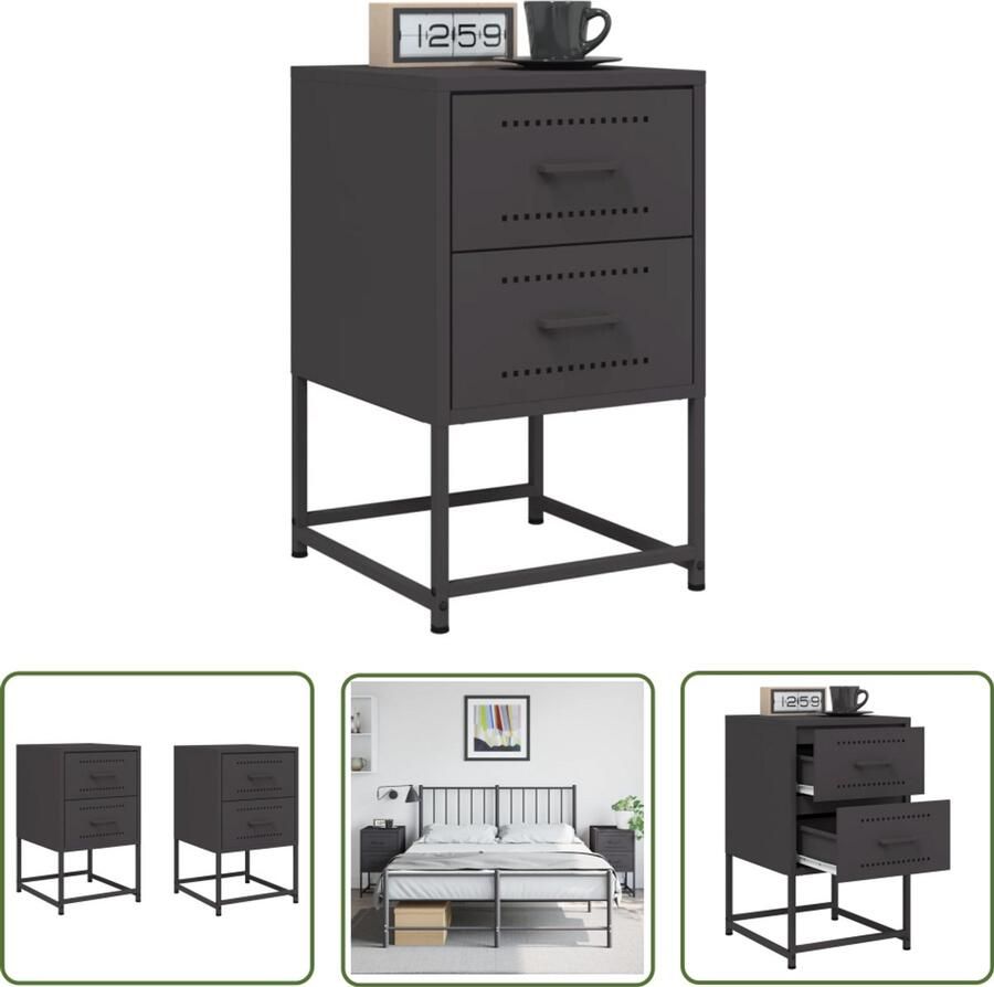 The Living Store Industrieel Nachtkastje Set 2 Stuks Staal 36x39x60.5cm Zwart Robuust Stabiel Veel Opbergruimte Multifunctioneel