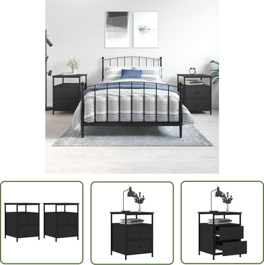 The Living Store Nachtkastje Industrieel Zwart 44x45x60cm Duurzaam bewerkt hout en ijzer Nachtkastje Industrieel Zwart Houten Kast Metalen Frame - Foto 2