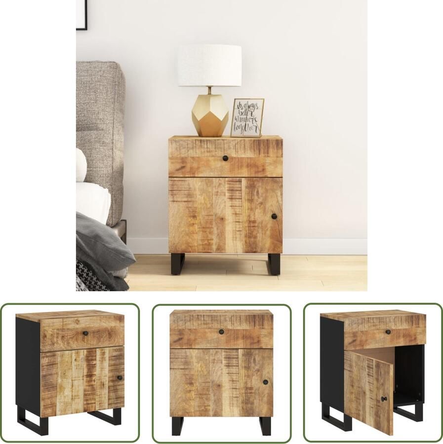 The Living Store Nachtkastje IndustriÃle Stijl 50x33x60 cm Massief Mangohout Met lade en vak Stevig Blad Metalen Poten Nachtkastje Industrieel Mangohout Houten Kast Slaapkamers - Foto 2