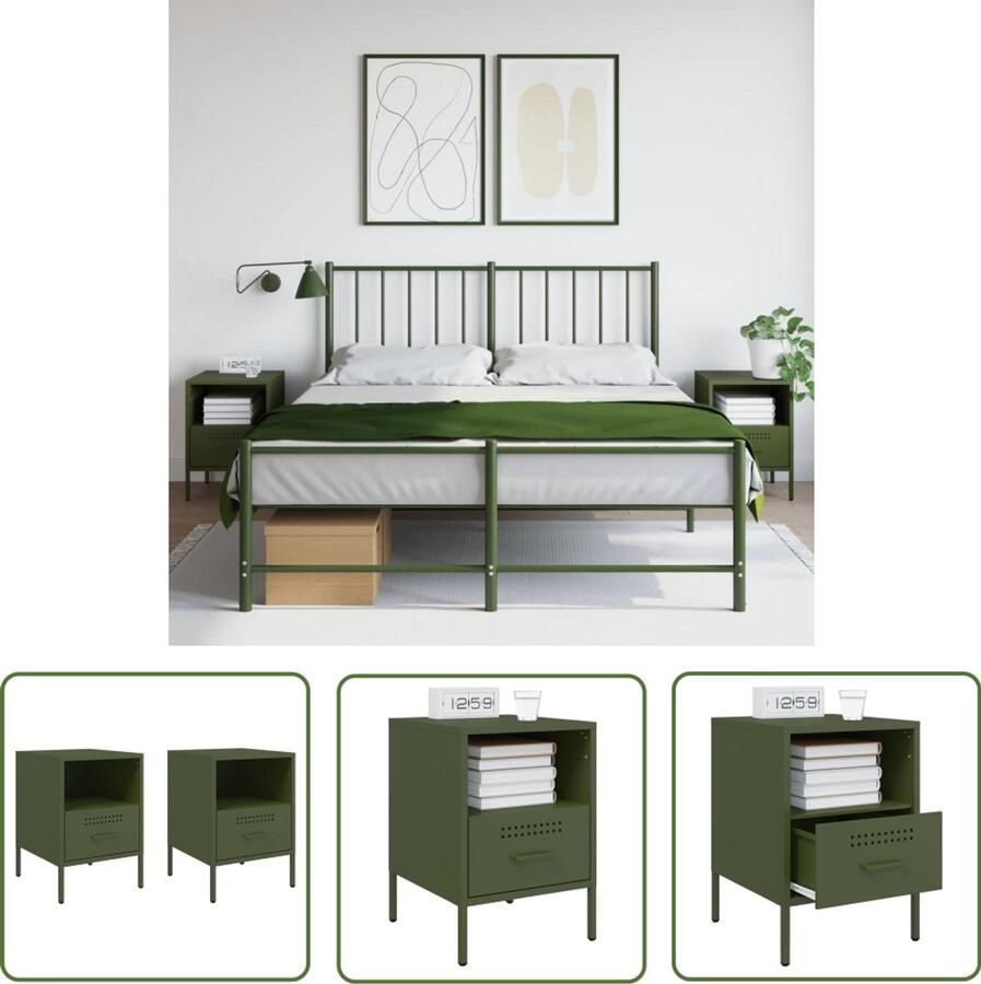The Living Store Nachtkastjes 2 st 36x39x50 5 cm staal olijfgroen Nachtkastjes Industrieel Staal Olijfgroen Opbergruimte