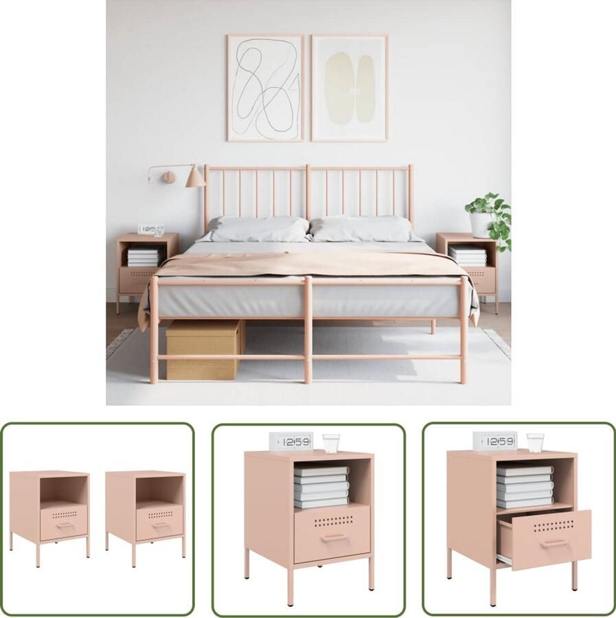 The Living Store Nachtkastjes 2 st 36x39x50 5 cm staal roze Nachtkastjes Industrieel Roestvrijstaal Roze Slaapkamer