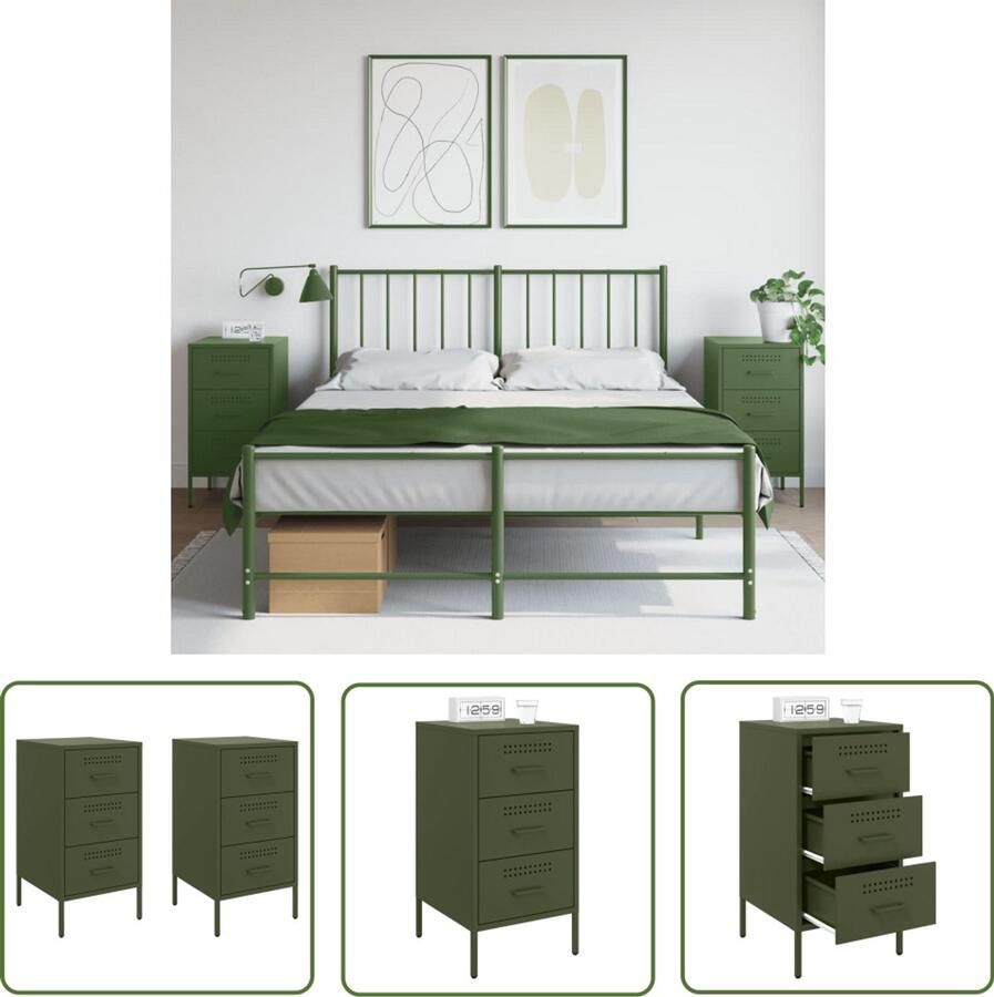 The Living Store Nachtkastjes 2 st 36x39x68 cm staal olijfgroen Nachtkastjes Industrieel Staal Groen Slaapkamers