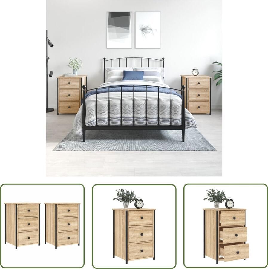 VidaXL Nachtkastjes 2 st 40x36x60 cm bewerkt hout sonoma eikenkleurig Nachtkastjes Industrieel Houten Nachtkastjes Salontafel Slaapkamers - Foto 2