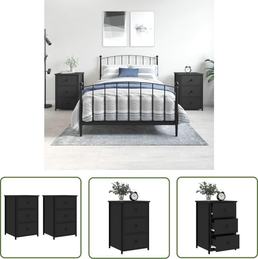 The Living Store Nachtkastjes 2 st 40x36x60 cm bewerkt hout zwart Nachtkastjes Industrieel Kastjes Slaapkamer Woonaccessoires - Foto 2