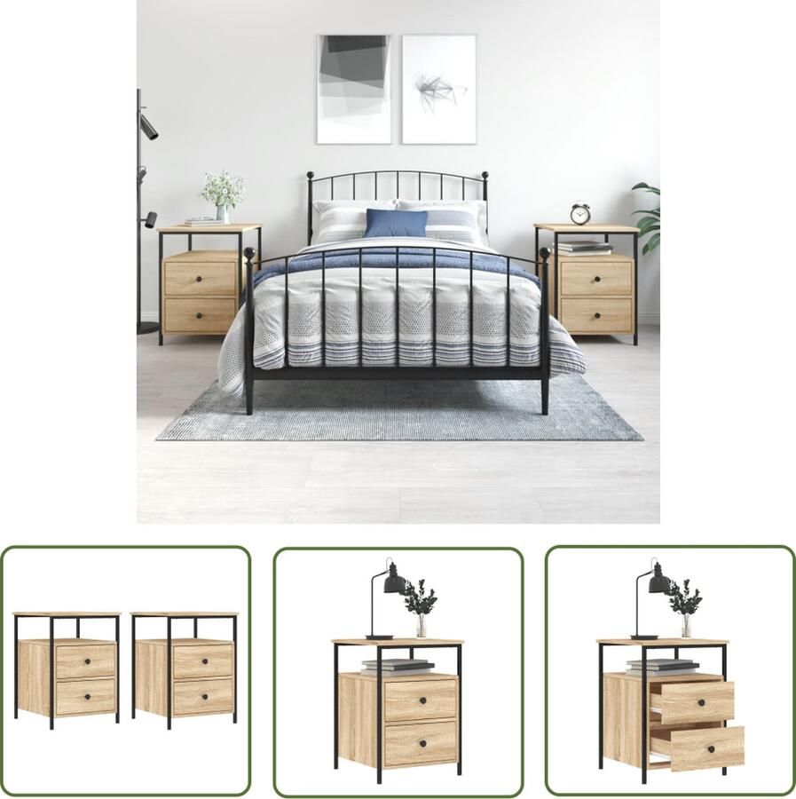 The Living Store Nachtkastjes IndustriÃle Stijl 44 x 45 x 60 cm Sonoma Eiken Set van 2 Nachtkastjes Industrieel Houten Kast Bruine Kast Salontafel - Foto 2