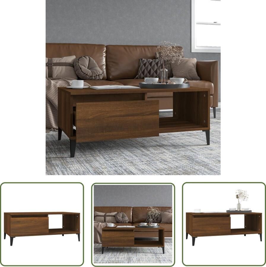 The Living Store Salontafel IndustriÃle Stijl Bewerkt hout Bruineiken 90 x 50 x 36.5 cm Salontafel Industrieel Houten Salontafel Bruine Eiken Salontafel Met Lade - Foto 2