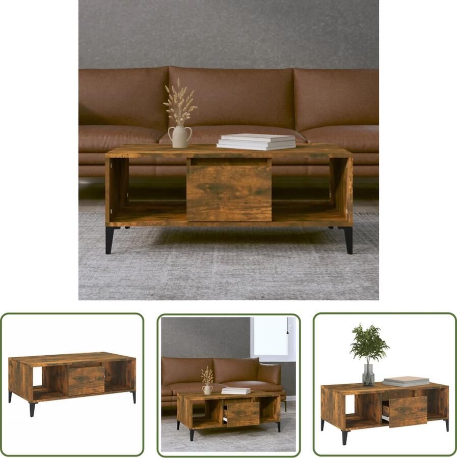 The Living Store Salontafel IndustriÃle Gerookt Eiken 90 x 50 x 36.5 cm Opbergruimte Metaal Salontafel Industrieel Bruine Salontafel Met Opbergruimte Bewerkt Hout - Foto 2