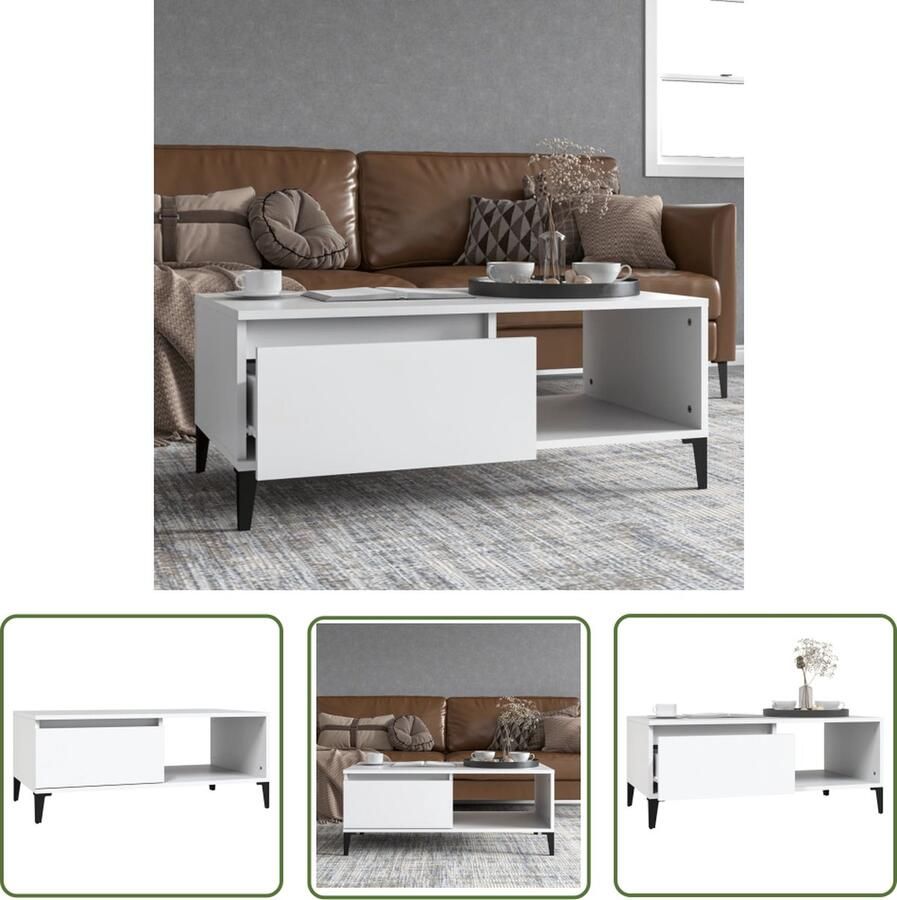 The Living Store Salontafel IndustriÃle Stijl 90 x 50 x 36.5 cm Wit Salontafel Industrieel Houten Salontafel Wit Meubilair Salontafel Met Lade - Foto 2