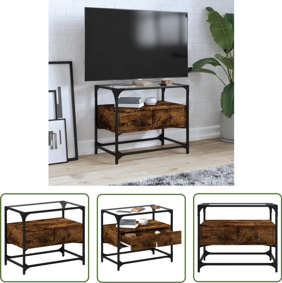 The Living Store Tv-meubel met glazen blad 60x35x51 cm hout gerookt eikenkleurig TV Kast Industrieel Houten TV Kast Bruine TV Kast Salontafel