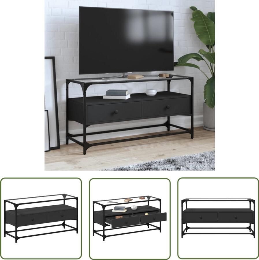 The Living Store Tv-meubel met glazen blad 98x35x51 cm bewerkt hout zwart Tv Kast Industrieel Houten Tv Meubel Zwarte Tv Kast Salontafel