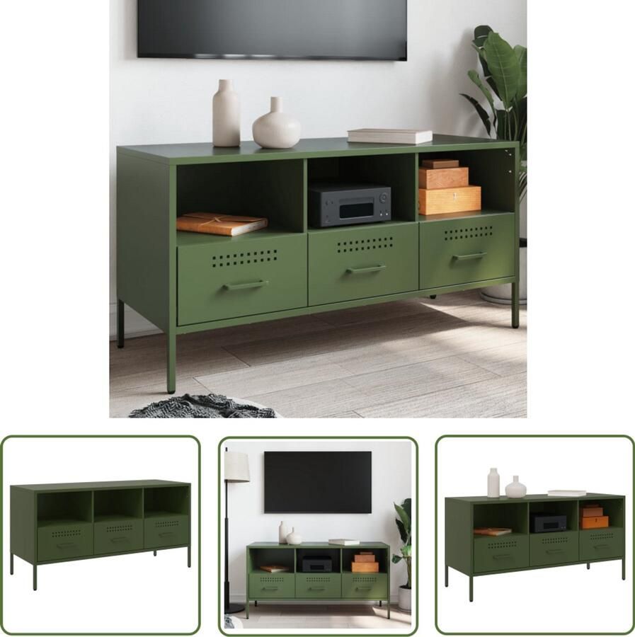 The Living Store Tv-meubel 100 5x39x50 5 cm staal olijfgroen Tv-meubel Industrieel Tv-meubel Olijfgroen Tv-meubel Koudgewalst Staal Tv-stand