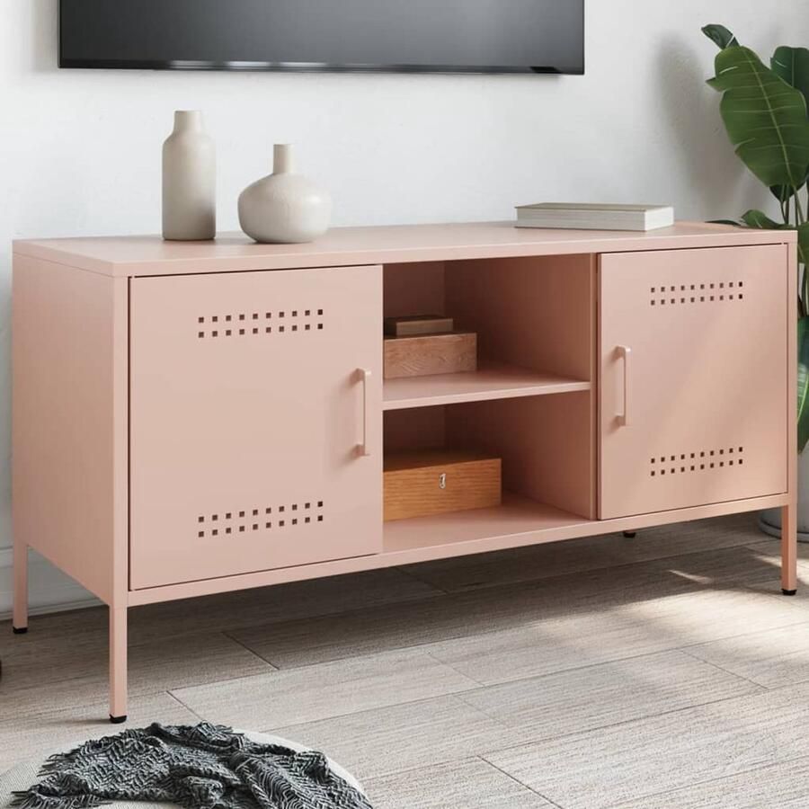The Living Store Tv-meubel 100 5x39x50 5 cm staal roze Tv-meubel Industrieel Tv-meubel Roestvrijstalen Tv-meubel Televisietafel Salontafel
