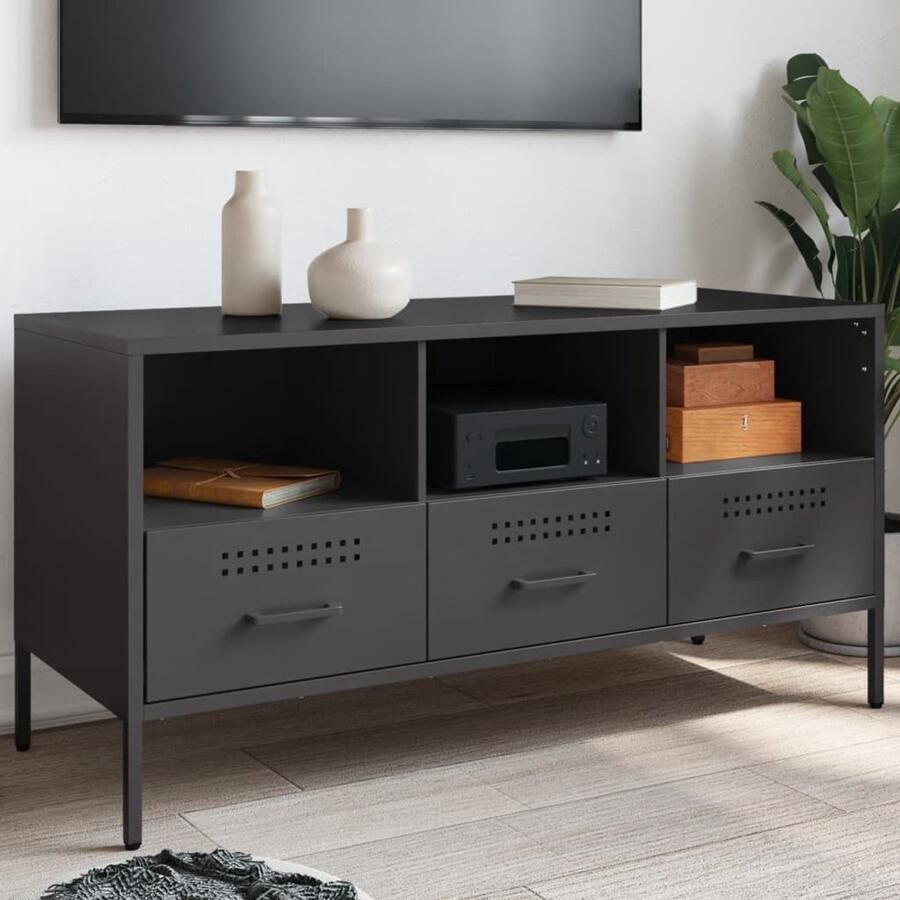 The Living Store Tv-meubel 100 5x39x50 5 cm staal zwart Tv-meubel Industrieel Tv-meubel Tv Stand Koudgewalst Staal Zwart Tv-meubel