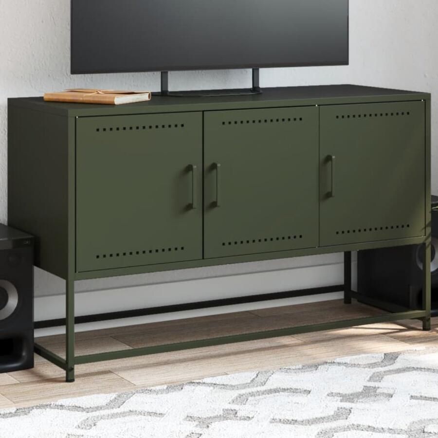 The Living Store Tv-meubel 100 5x39x60 5 cm staal olijfgroen Tv-meubel Industrieel Tv-meubel Olijfgroot Tv-meubel Metalen Tv-standaard Tv-tafel