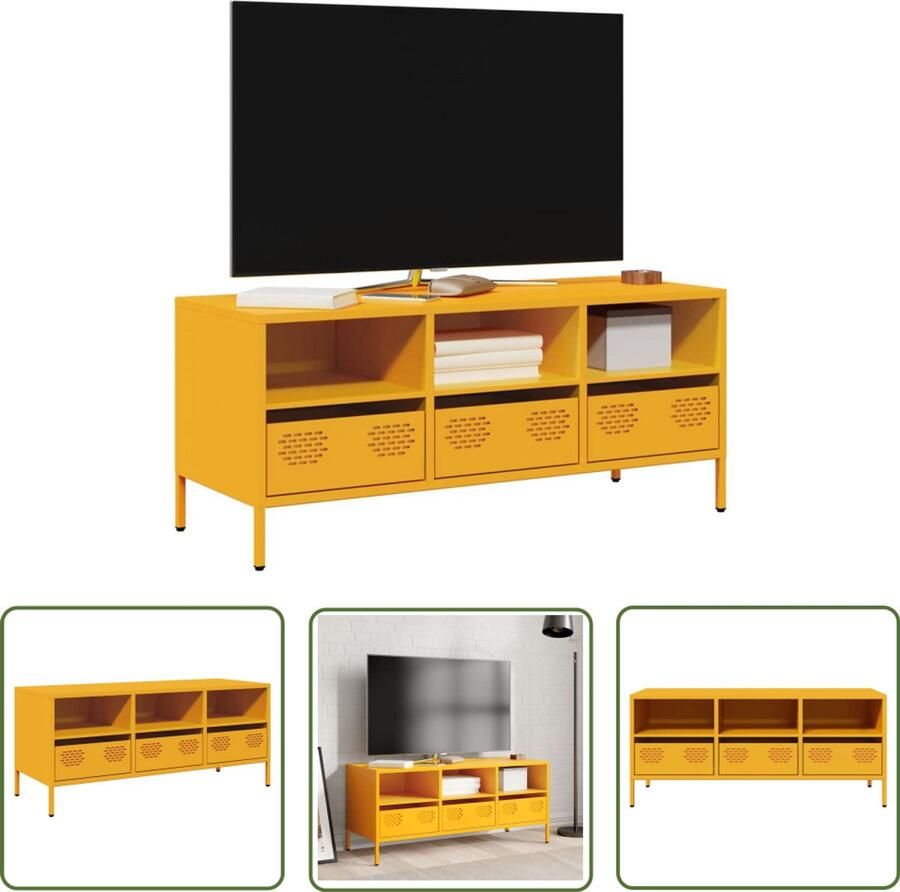 The Living Store Tv-meubel 101 5x39x43 5 cm koudgewalst staal mosterdgeel Tv-meubel Industrieel Tv-meubel Koudgewalst Staal Mosterdgeel Opbergruimte