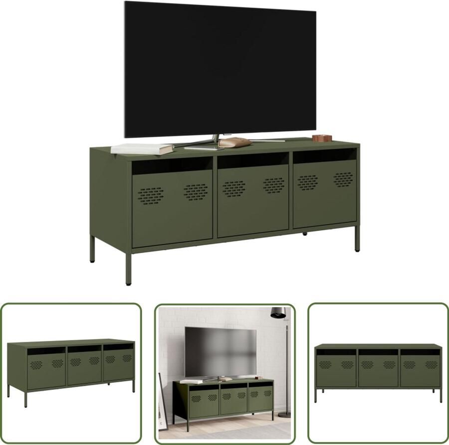 The Living Store Tv-meubel 101 5x39x43 5 cm koudgewalst staal olijfgroen Tv-meubel Industrieel Tv-meubel Koudgewalst Staal Televisiekast Salontafel