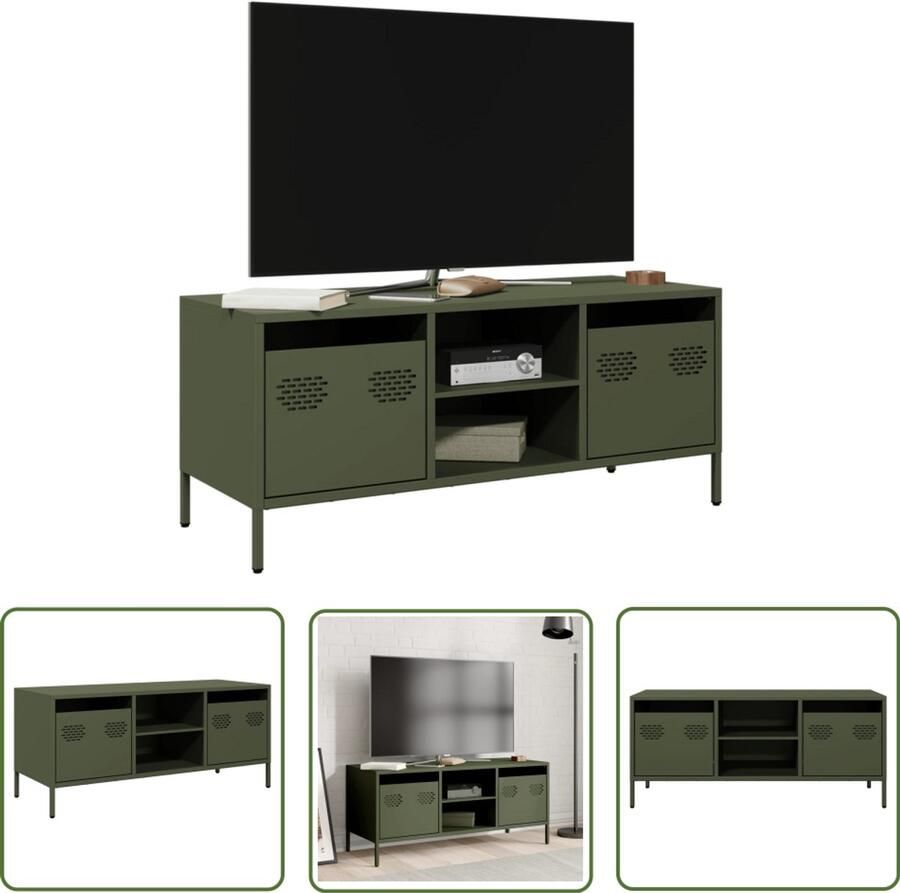 The Living Store Tv-meubel 101 5x39x43 5 cm koudgewalst staal olijfgroen Tv-meubel Industrieel Tv-meubel Koudgewalst Staal Olijfgroot Tv Stand