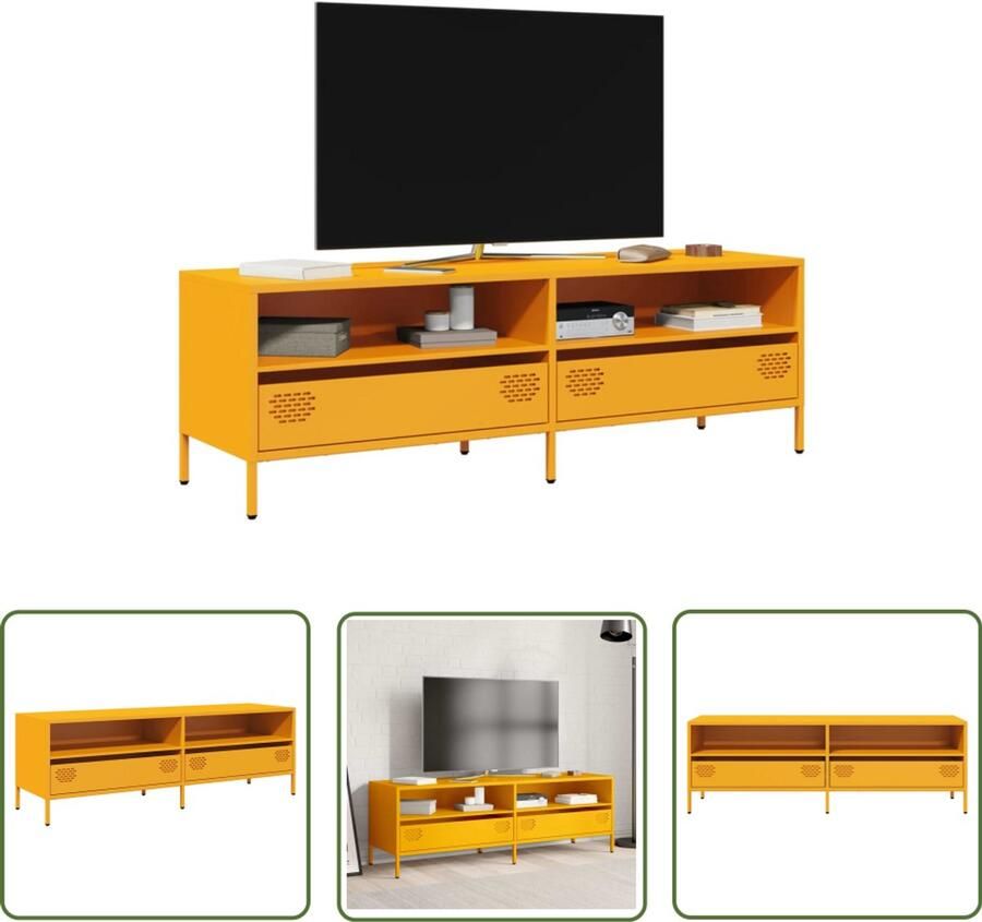 The Living Store Tv-meubel 135x39x43 5 cm koudgewalst staal mosterdgeel Tv-meubel Industrieel Tv-meubel Koudgewalst Staal Mustard Geel Salontafel