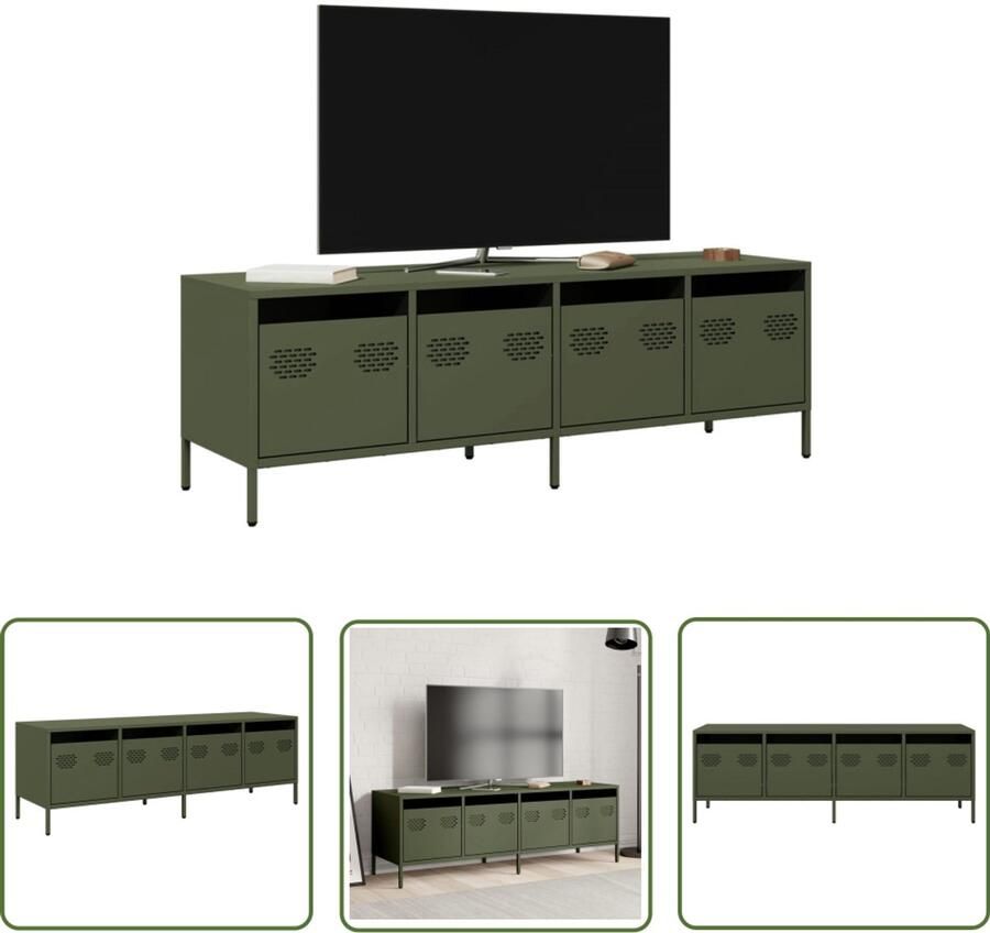 The Living Store Tv-meubel 135x39x43 5 cm koudgewalst staal olijfgroen Tv-meubel Industrieel Tv-meubel Tv-stand Salontafel Opbergkast