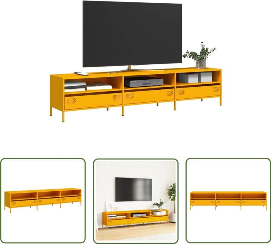 The Living Store Tv-meubel 202x39x43 5 cm koudgewalst staal mosterdgeel Tv-meubel Industrieel Tv-meubel Koudgewalst Staal Mosterdgeel Opbergruimte