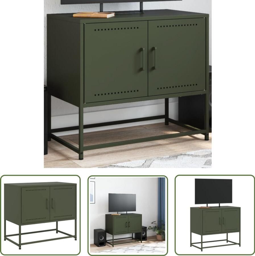 The Living Store Tv-meubel 68 5x39x60 5 cm staal olijfgroen Tv-meubel Industrieel Tv-meubel Robuust Tv-standaard Metalen Tv-tafel Groene Tv-bank
