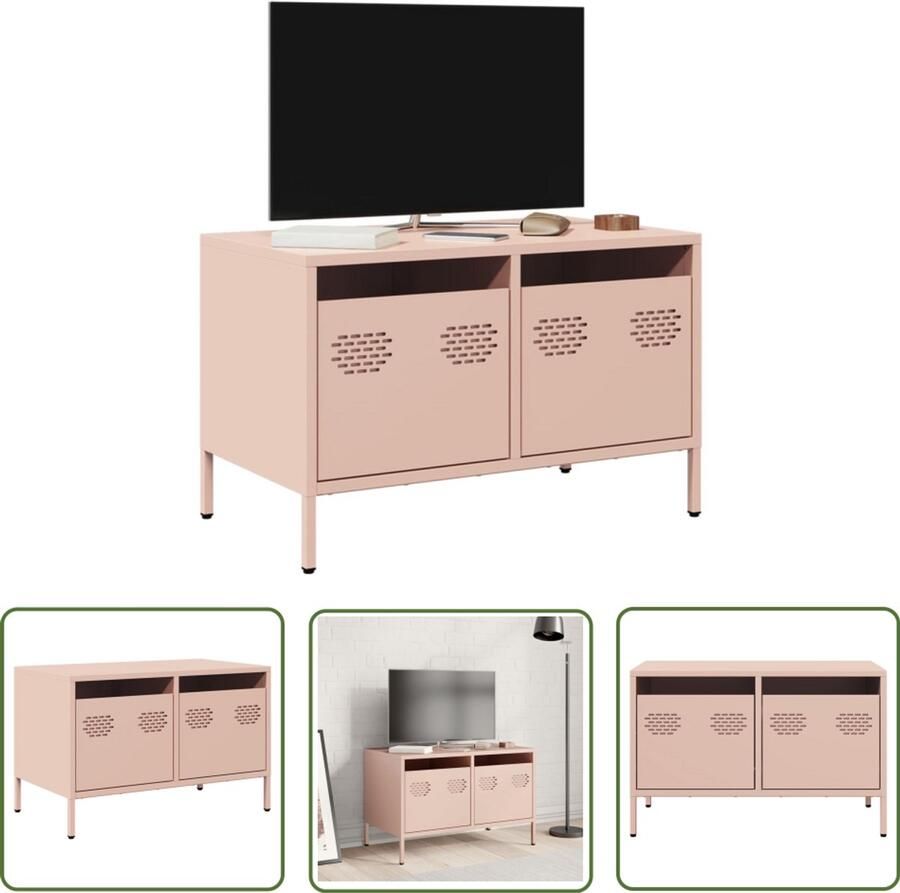 The Living Store Tv-meubel 68x39x43 5 cm koudgewalst staal roze Tv-meubel Industrieel Tv-meubel Salontafel Televisiekast Roestvrijstalen Tv-standaard