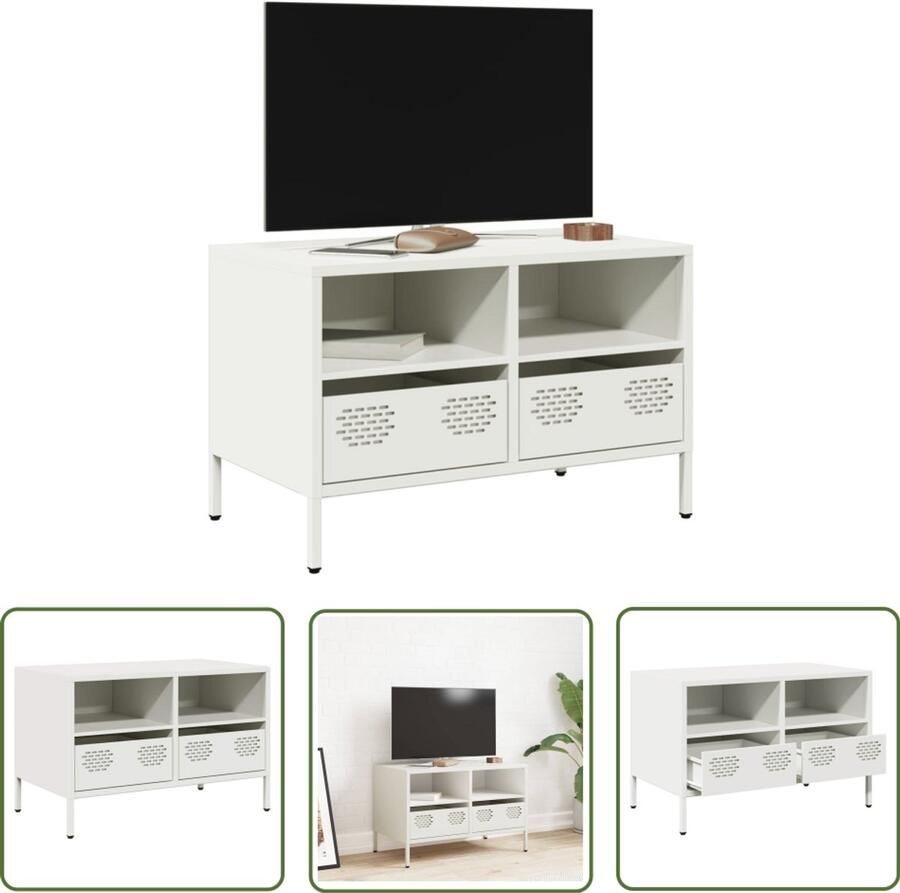 The Living Store Tv-meubel 68x39x43 5 cm koudgewalst staal wit Tv-meubel Industrieel Tv-meubel Koudgewalst Staal Tv Stand Salontafel