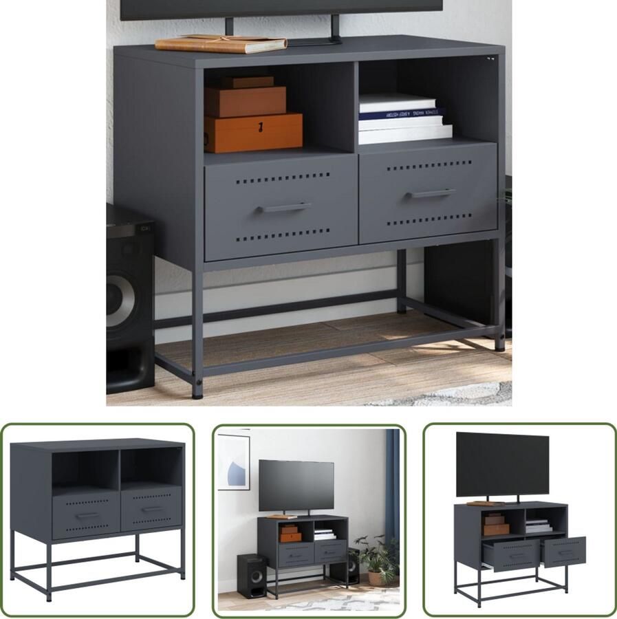 The Living Store Tv-meubel 68x39x60 5 cm staal antracietkleurig Tv-meubel Industrieel Tv-meubel Tv Kast Salontafel Media-opbergers