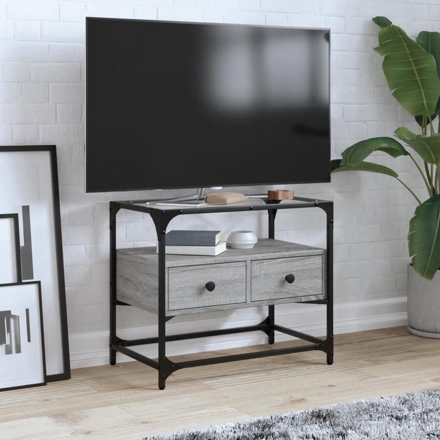 The Living Store Tv-meubel met glazen blad 60x35x51 cm bewerkt hout grijs sonoma Tv Kast Industrieel Tv Meubel Houten Tv Stand Grijze Tv Tafel Salontafel