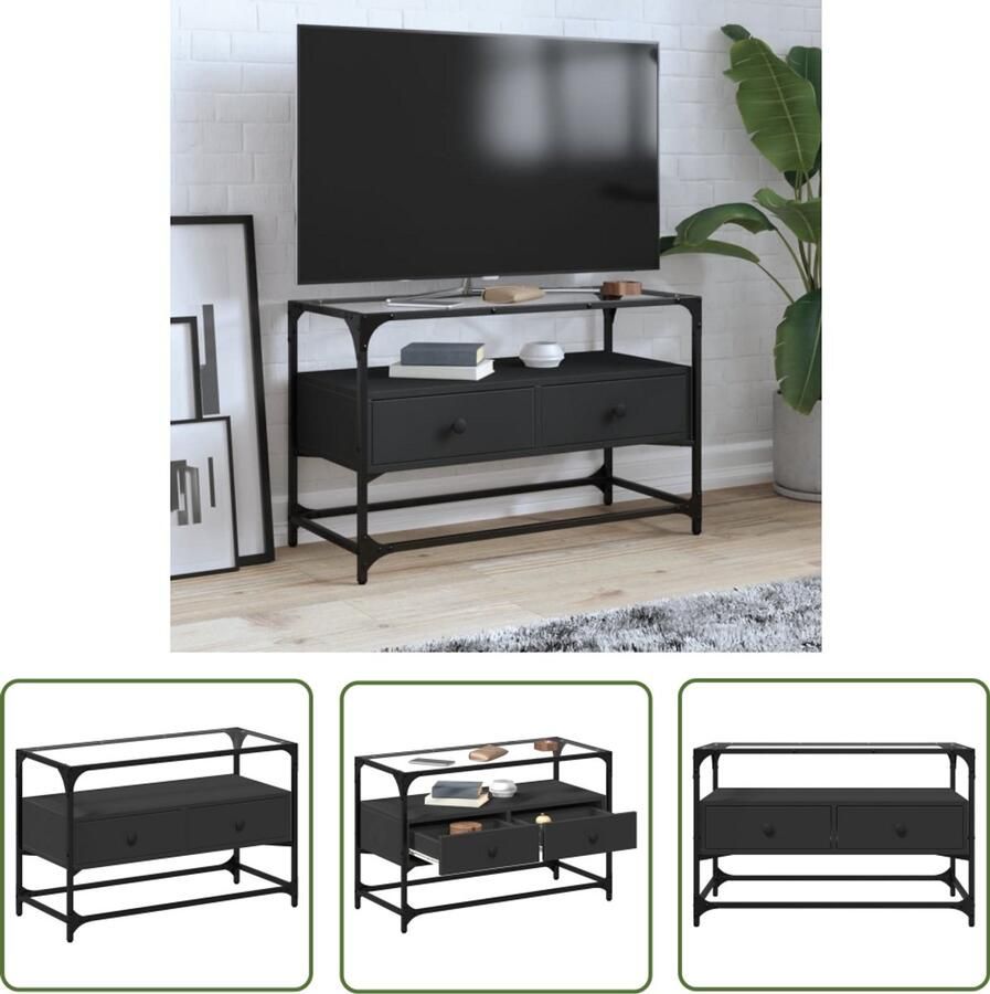 The Living Store Tv-meubel met glazen blad 80x35x51 cm bewerkt hout zwart Tv Kast Industrieel Tv Meubel Houten Tv Stand Zwarte Tv Tafel Salontafel